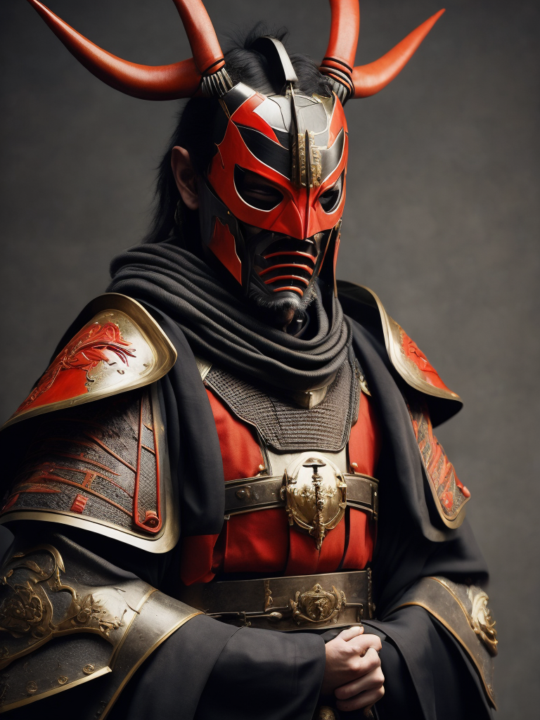 japon samuray geleneksel kıyafetleri ve zırhı içinde korkutucu kırmızı maskesi var çok gerçekçi fotoğrafı