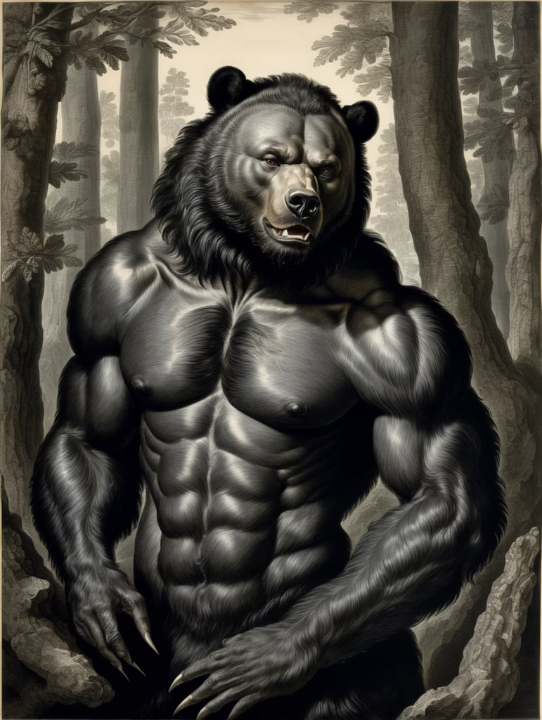 An old engraving by Hendrick Goltzius, a bear-like creature with the face of a black woman, full body portrait, hairy chest, long hair