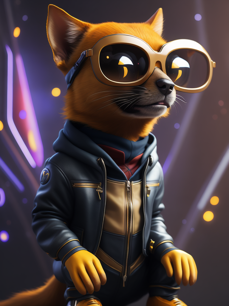 cute stylish catdog dressed in stylish futuristic sportswear clothes, big sneakers and a futuristic glasses