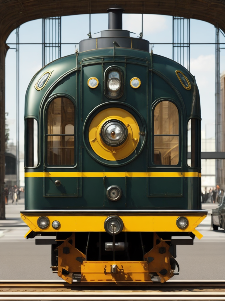 a flat nose train locomotive on wheels, art deco, art nouveau, streamline, front window, steampunk, tall