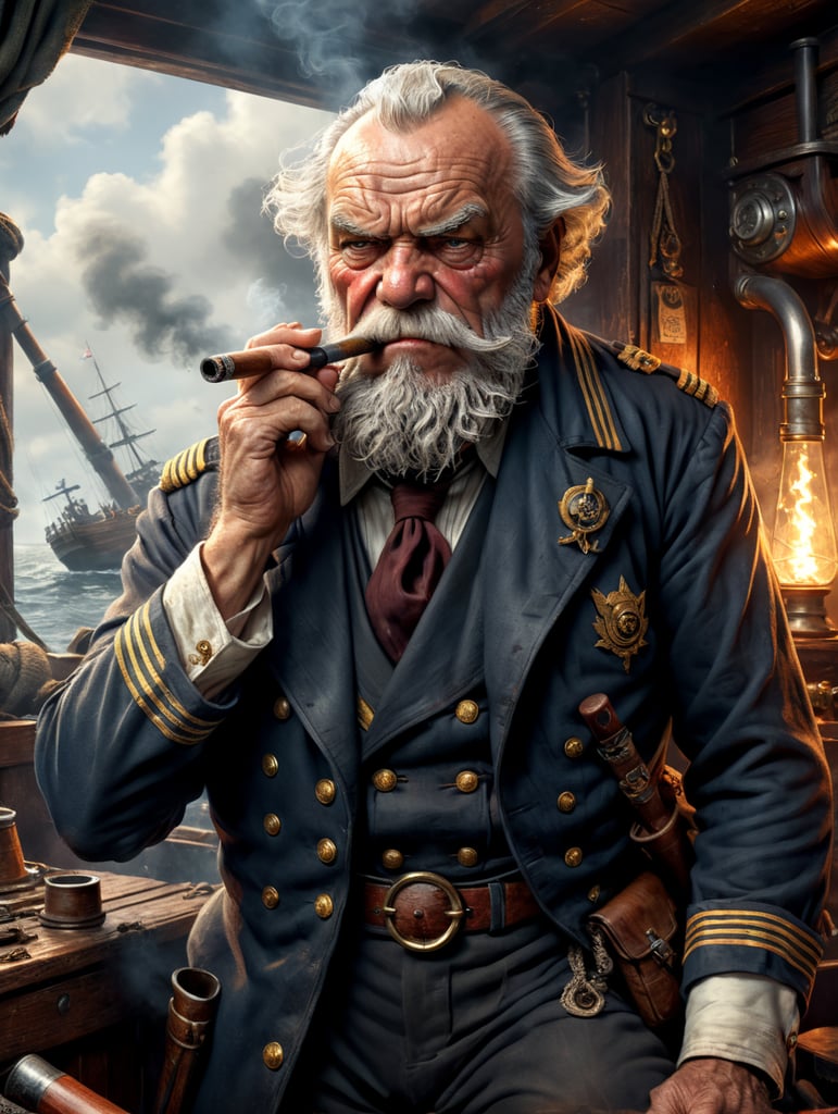 grumpy old sailor captain, torn and tattered clothes, smoking a pipe, comic book art