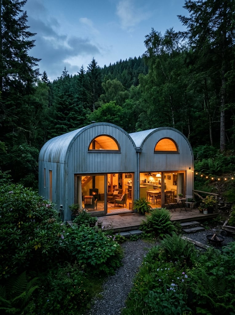 A twin-arched corrugated metal dwelling nestled within a lush, dark green forest at twilight. Warm amber light glows from semicircular upper windows and wide glass sliding doors, illuminating a modern interior against the cool evening shadows. The silvery, ribbed exterior contrasts sharply with the soft leafy bushes in the foreground and the dense wooded hillside rising in the background.