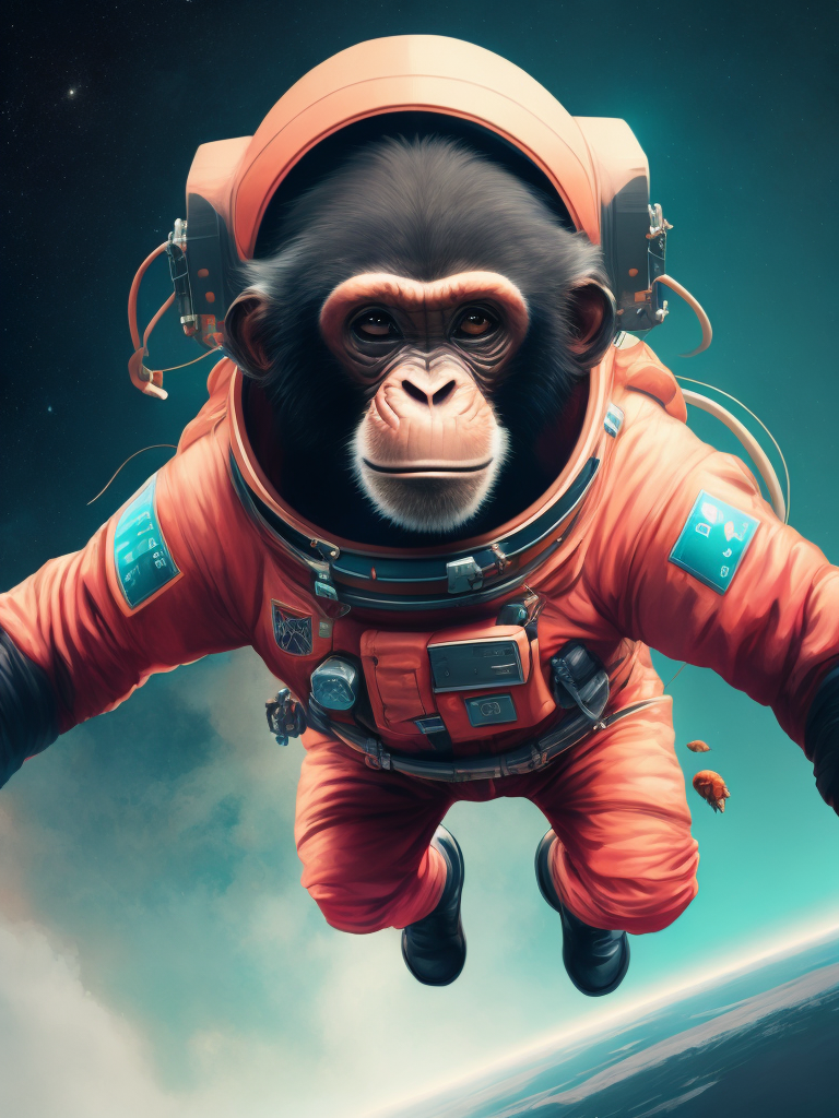 A chimpanzee going to space, wearing pink color astronaut suit, Vivid saturated colors, Contrast light, studio photo, professional photo, Detailed image, detailed face