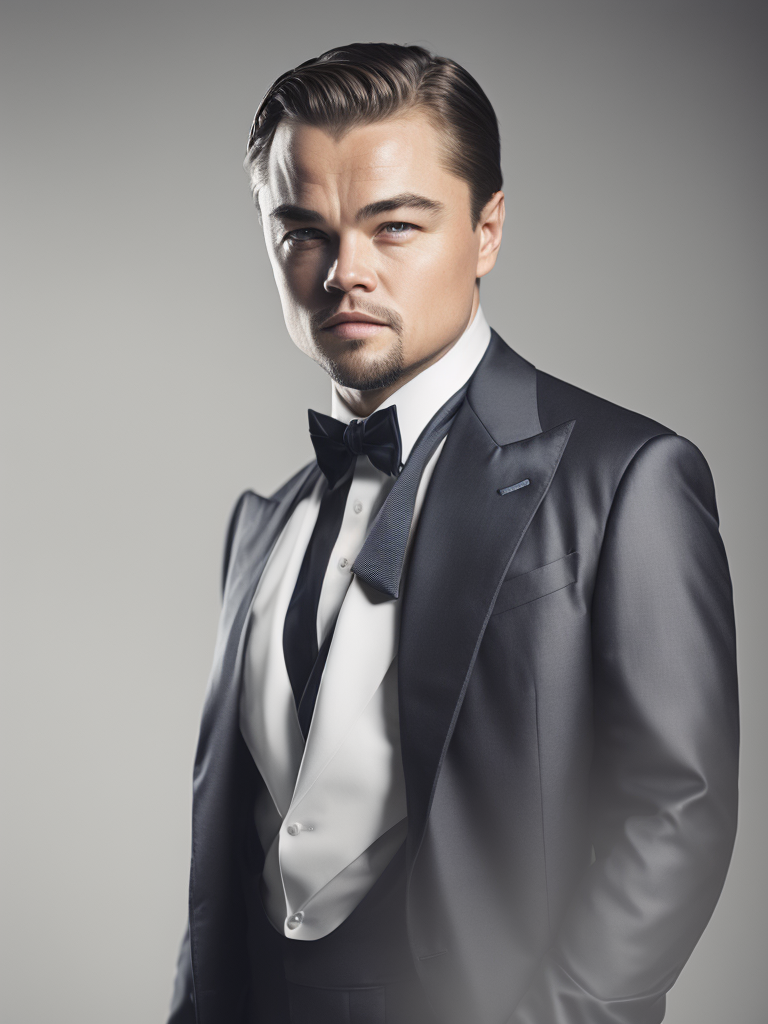Portrait of Leonardo DiCaprio in a bow tie tuxedo, contrasting light, detailed face, muted tones