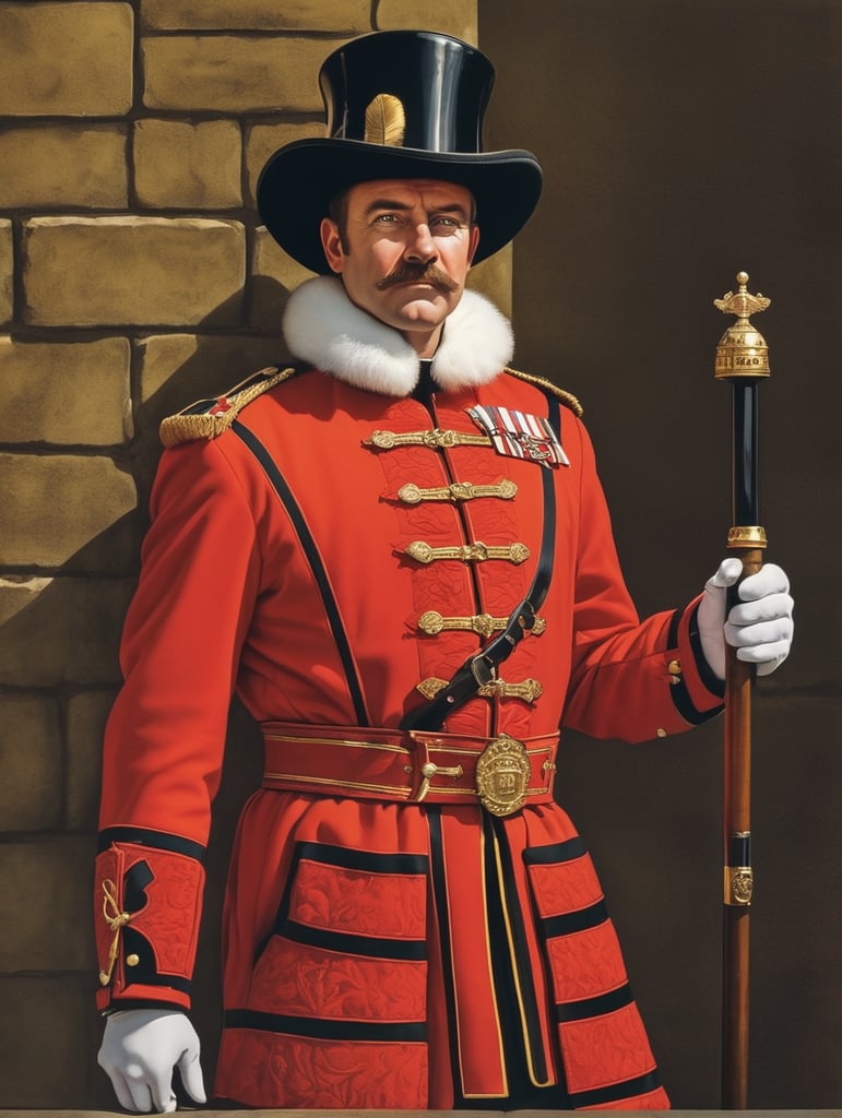 Retro poster of a Beefeater man, ceremonial guard of the Tower of London.