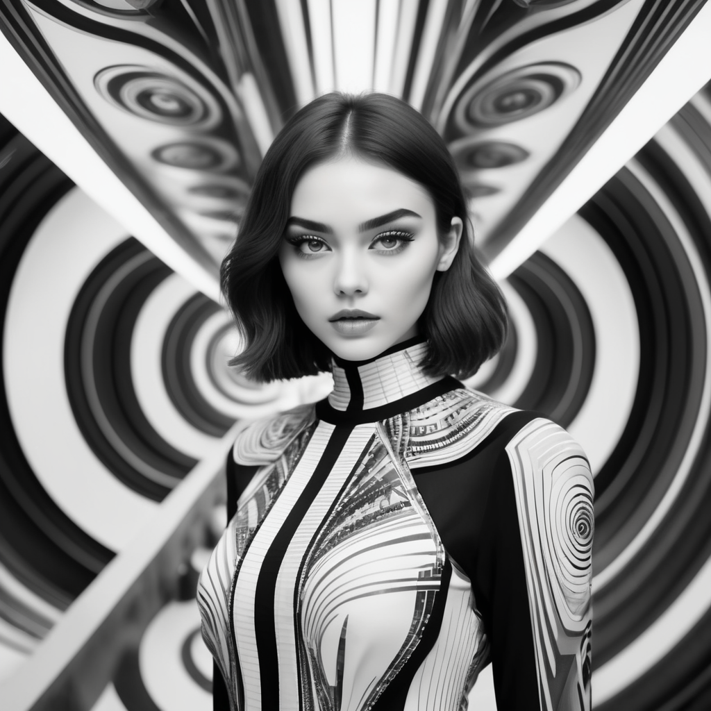 Cute girl model, retro futurist of high fashion, made in symmetrical black and white psychedelic style, black and white beauty, optical illusion, glitch art, flirty, shot on Canon