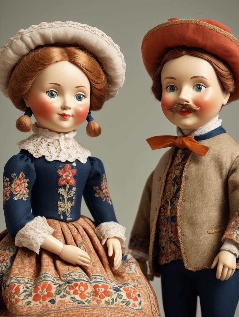 A pair of anthropomorphic dolls in the style of Dutch tradition, soft sculpture, historical subjects, Danish design, folklore theme, colorful caricature