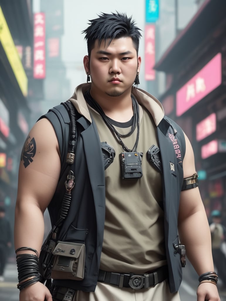 Young male, cyberpunk theme, japanese decent, chubby