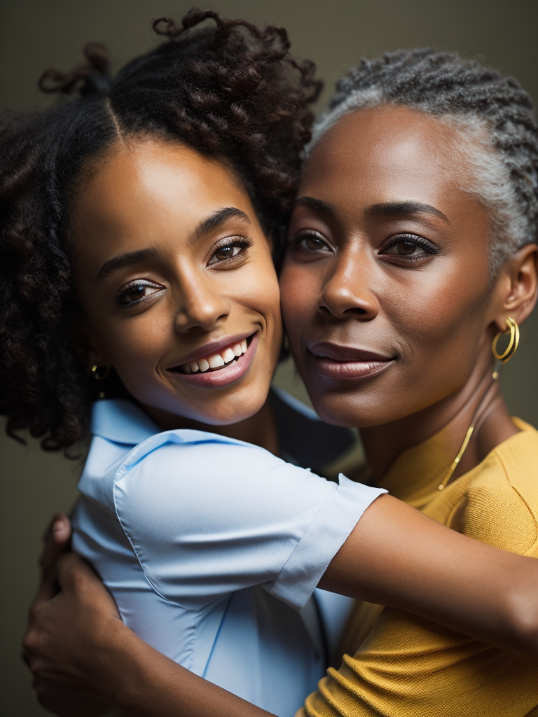 African-american woman smiling, embracing granddaughter, highly detailed, sharp focus, dramatic lighting, depth of field, light color background