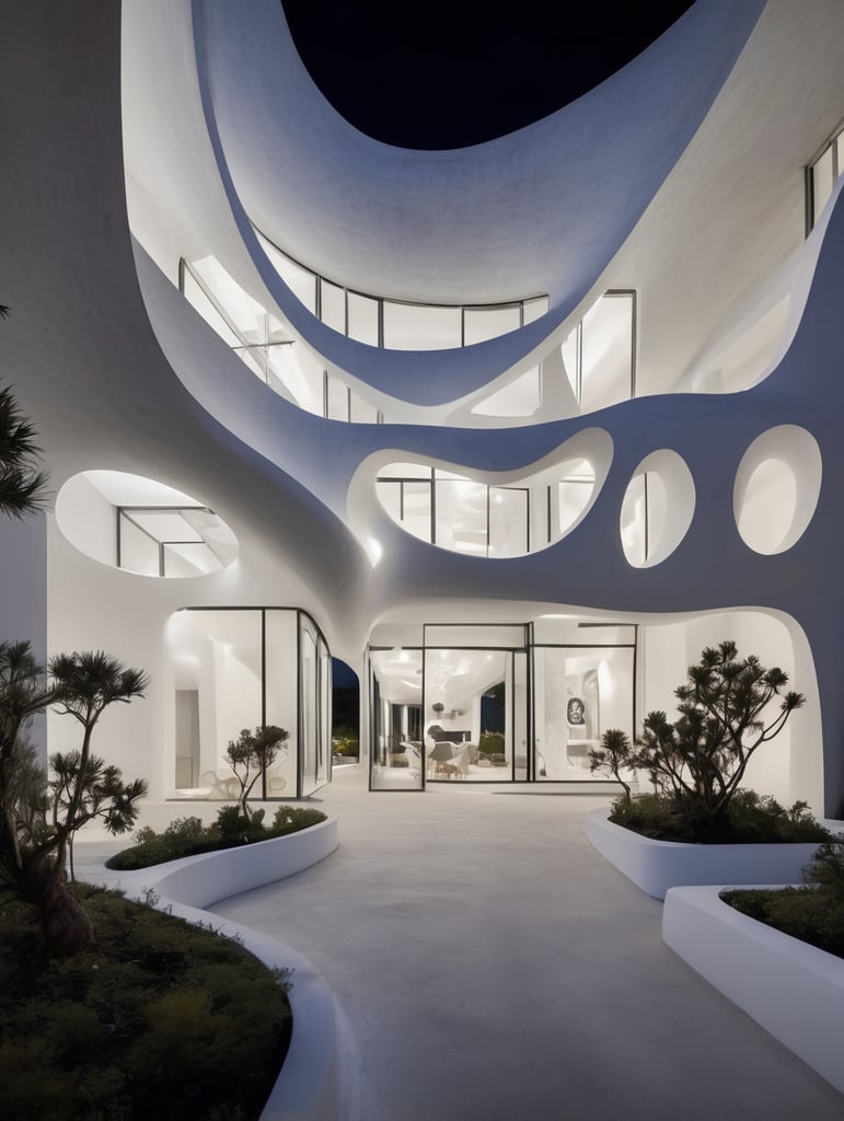 at night, white building with curved shapes in front, in the style of the stars art group (xing xing), women designers, eclectic curatorial style, sculptural costumes, concrete, urban influences, flowing fabrics
