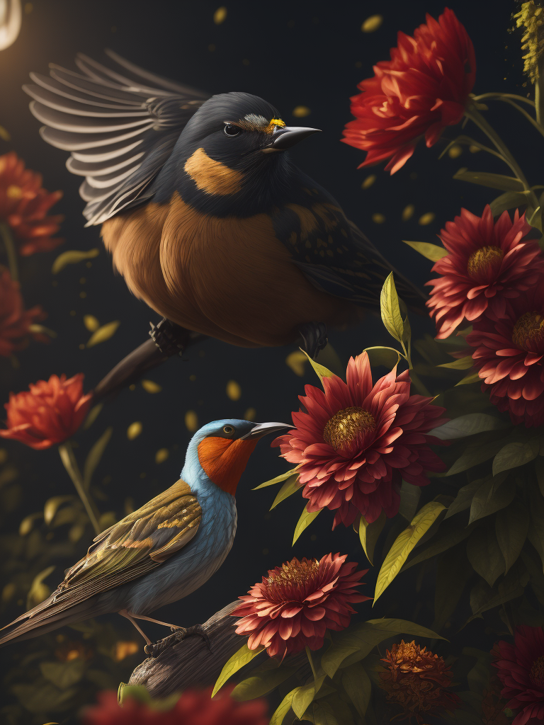 flowers and birds, deep color, sharp on details, vibrance 20, saturation 20