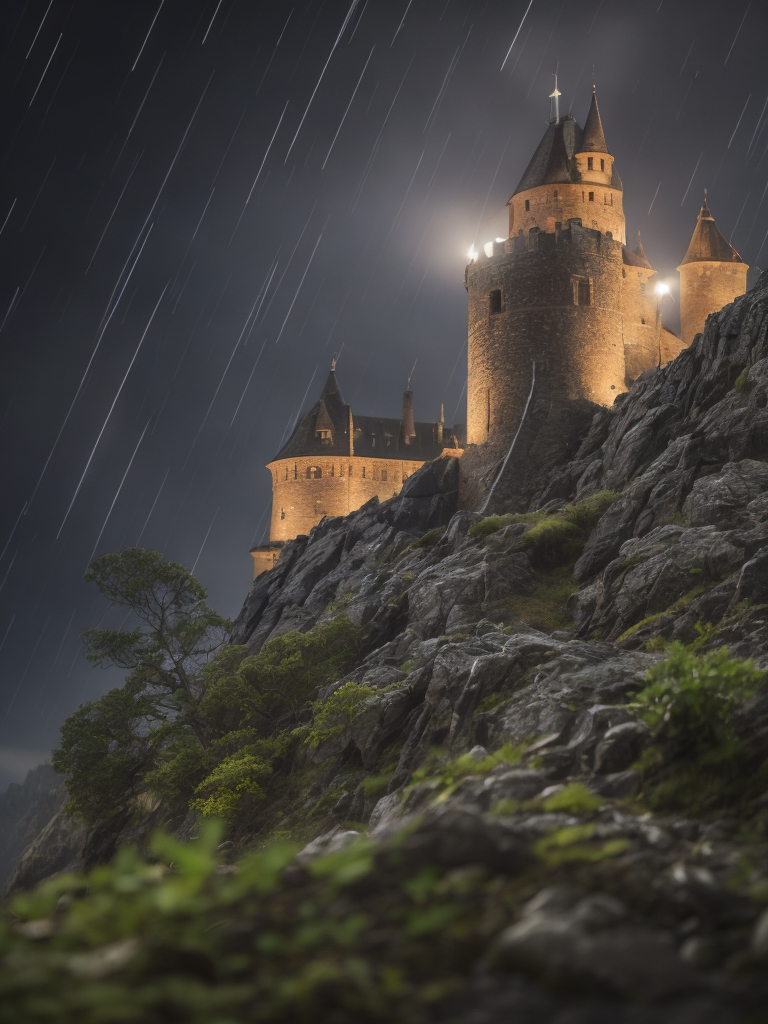 drucula's castle, rocks, rain, lightning