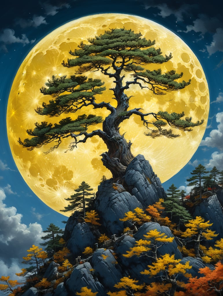 осенняя луна сосну рисует тушью на синих небесах. хокку, японский пейзаж, ночь, желтая идеально круглая луна, утес