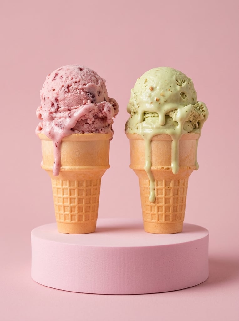 Two perfectly upright ice cream cones stand on a pink cylindrical pedestal against a seamless pastel pink background. The left cone features a textured pink scoop, while the right holds a pale green scoop. Thick, viscous drips melt down identical pale orange flat-bottomed wafer cones with lower waffle grids. Soft directional studio lighting enhances the clean, minimalist, photorealistic aesthetic.