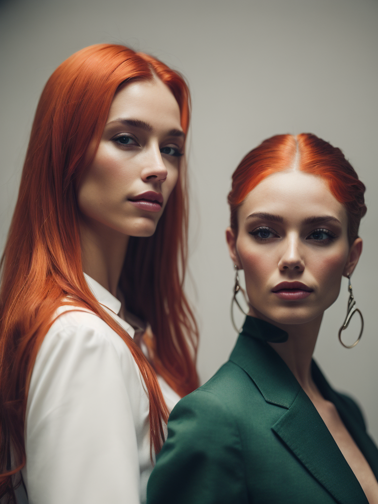 fashion images catwalk exotic rich colors vibrant luxurious clothes in the style on Alexander McQueen. Emerald greens and red hair models female