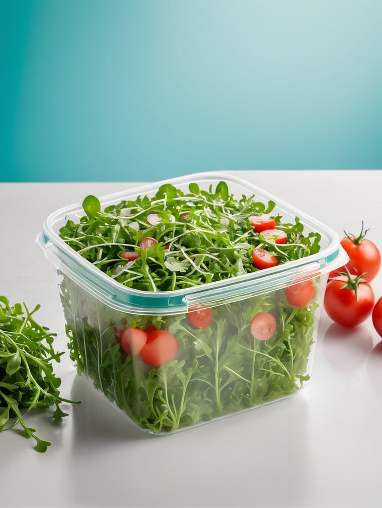 blank Transparent Plastic Container with Arugula Salad, isolated, cyan background, Mockup, mock up