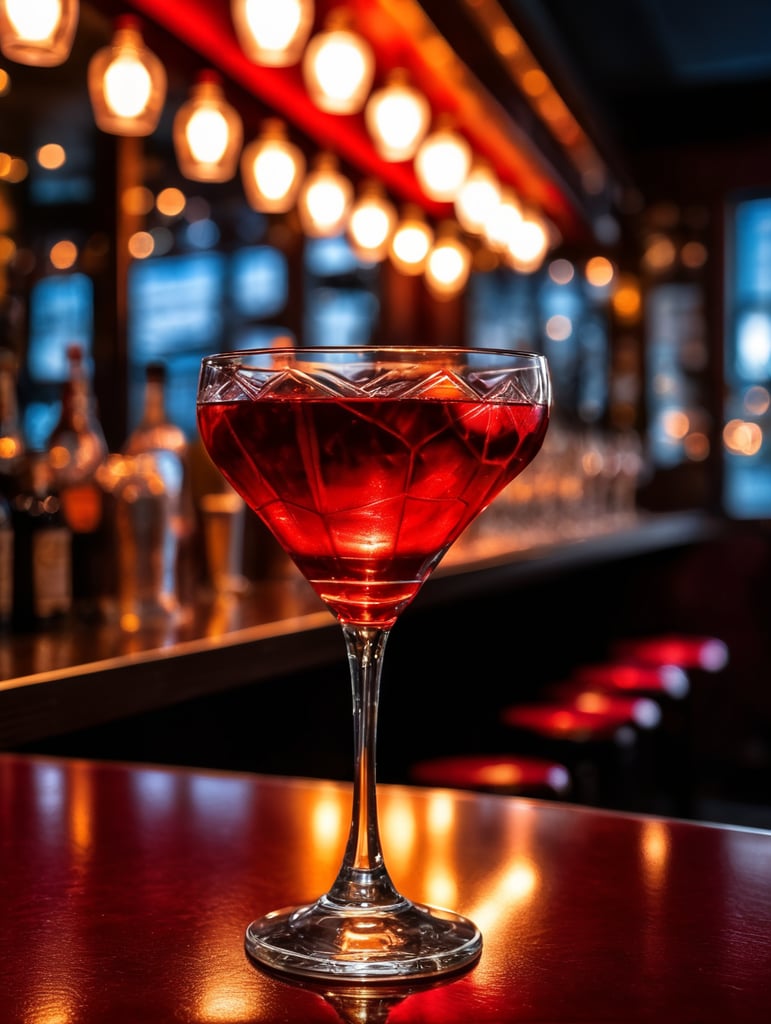 red like spiderman Drink Snifter Glass in a darkness bar, cinematic lighting, product shot, 4:3, 4k