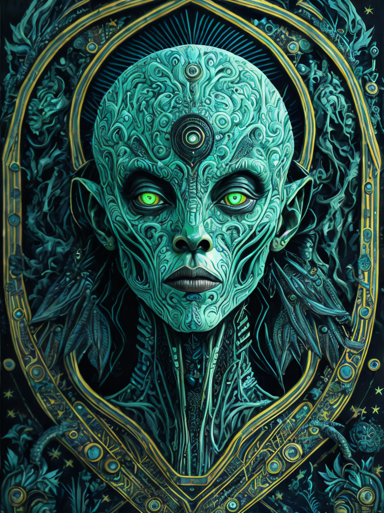 Portrait of an alien, batik, intricate details, surreal, Alien, Cyberpunk Trashcore Style, green and ice blue, s 1000