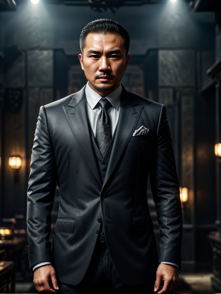 Portrait of a Chinese mafia boss in formal suit