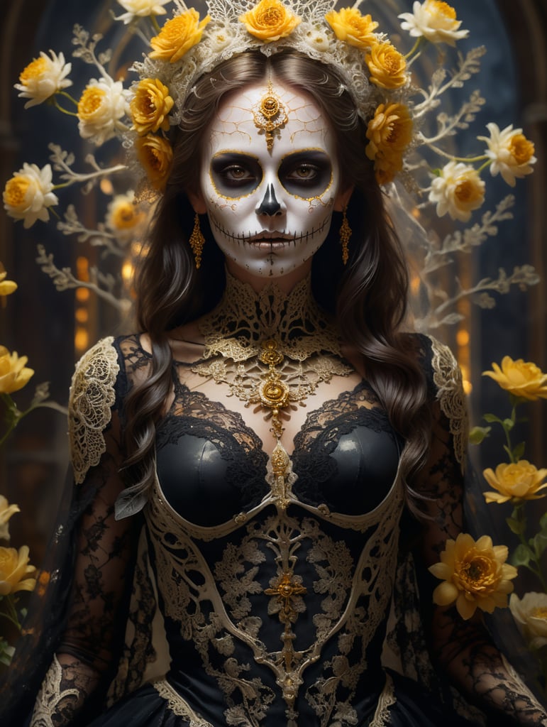 A picture of a woman with a white shiny skeleton painting on her face and a beautiful lace dress and golden patterns, fingers of gold and silver, a beautiful net and a simple crown on her head, and yellow and white flowers like a crown on her head. . , in a church and a red light behind him