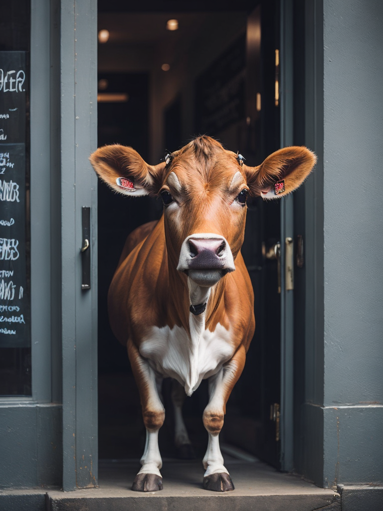 Cute small jersey cow waving at me and smiling greeting me in front of theater door