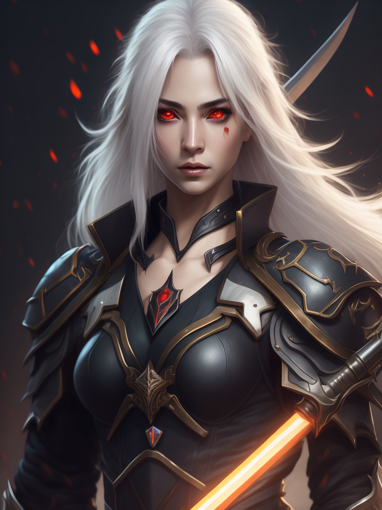 Create a digital artwork featuring an anime girl with white hair and red eyes, holding a sword