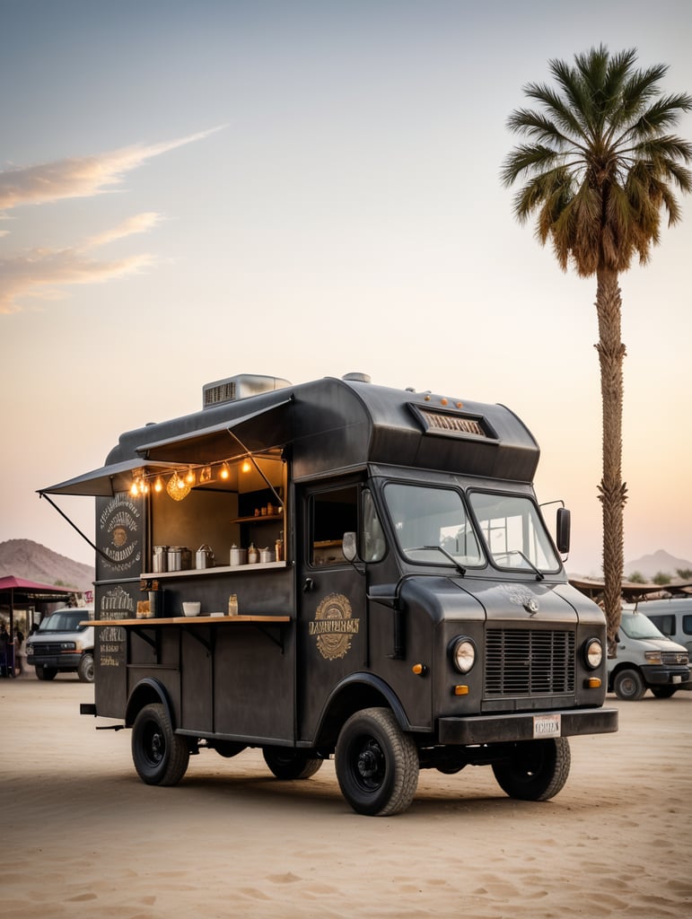 Side view of a small dark grey vintage mexican food truck in the middleof a desert, soft light, muted colors, A summer festival in the far away in the background