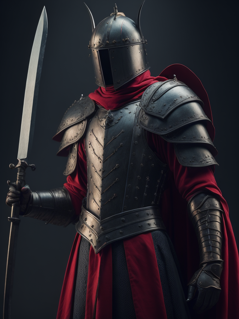 medieval knight holding a large sword, dramatic light, red