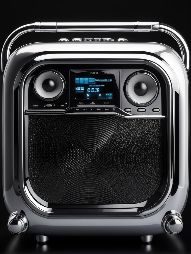 a super realistic professional photo of a modern futuristic minimal radio, plastic glossy material with a rubber texture, a very close detail shot, minimal aesthetic, background wallpaper, black and silver colors with chrome details