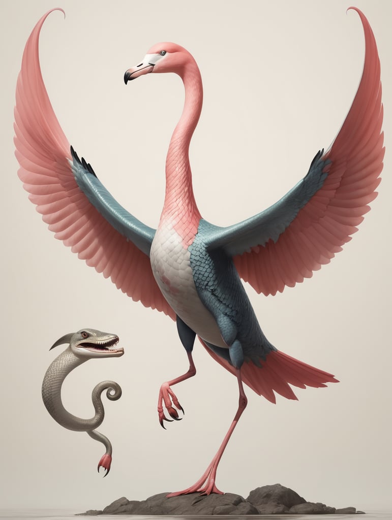 animal with a snake body, flamingo feet, shark fin, fly wings