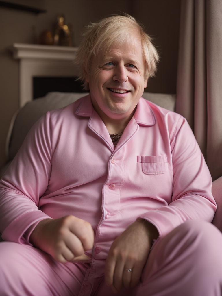 Boris Johnson in pink kids pajamas laughing, holding a cute little dog, bright and saturated colors, detailed portrait, realistic style