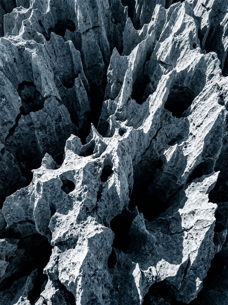 A close-up view of heavily eroded rock featuring a dense network of deep irregular cavities and thin jagged ridges. The sponge-like geological formation fills the frame under stark directional lighting, casting deep black shadows into the hollow craters. A monochromatic bluish-grey palette enhances the extreme contrast between the illuminated skeletal edges and the pitch-black recesses, capturing a dramatic macro aesthetic.
