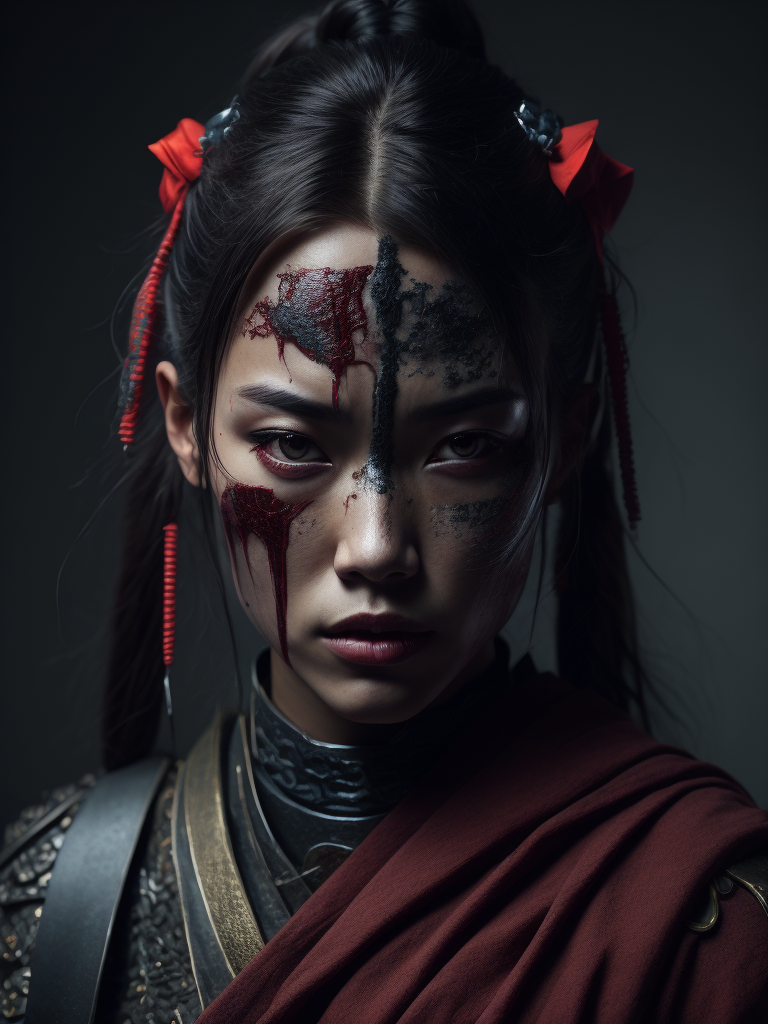 Woman, blood in face, samurai, paint, portrait, best quality