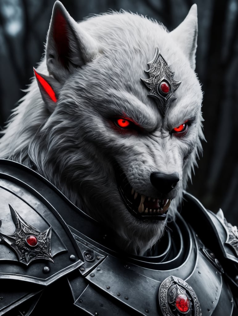 White werewolf elf assassin wearing armor with glowing red eyes