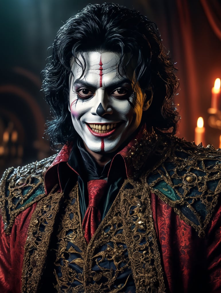 Old Michael Jackson as a creepy evil character wearing spooky Halloween costume, evil smile, creepy tiny nose, Vivid saturated colors, Contrast color