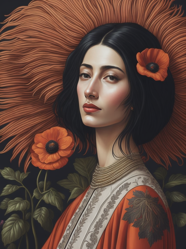 Giuseppe Scuderi, ultrafine detailed painting of a woman with an opium poppy flower in hir hair, whimsical, detailed painting