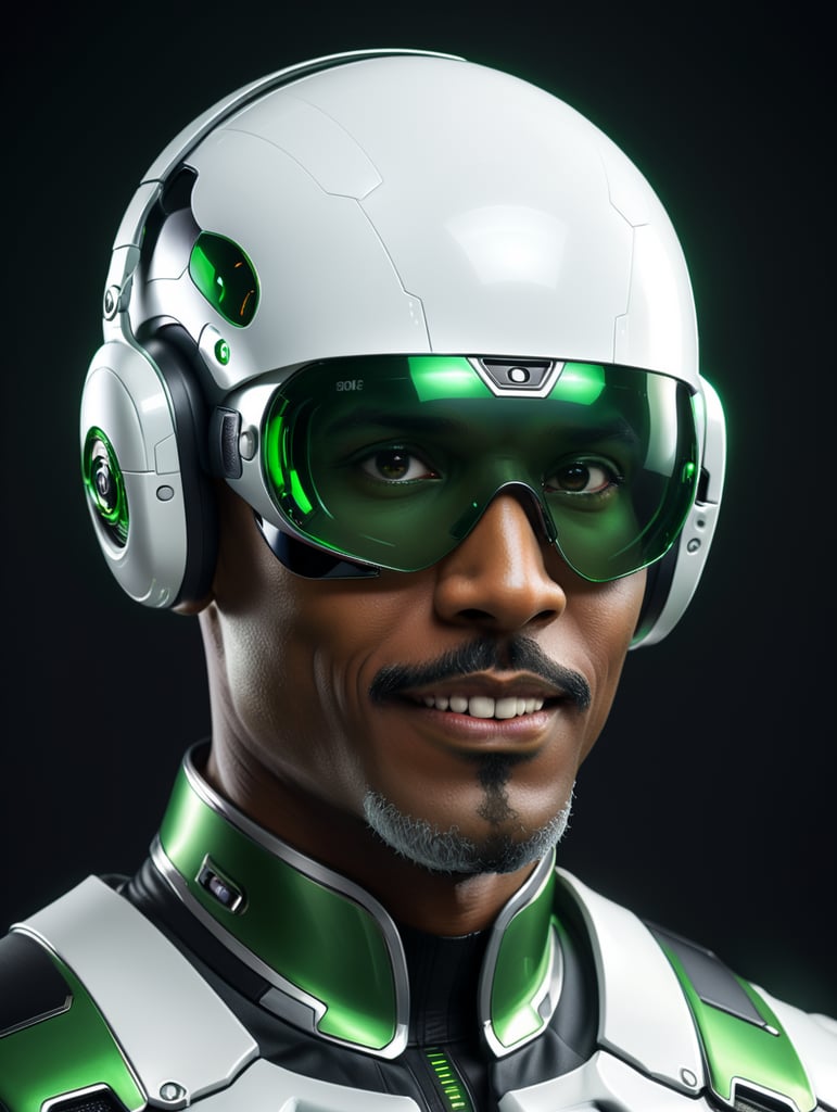Bald black man, wearing white psvr2 , a gray goatee, black moustache, neutral smile, white and dark green futuristic cloth, cranial free.