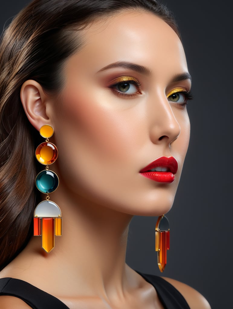 Minimalist earrings of vibrant colors with ACRYLIC and gold materials inspired by the architecture of Luis Barragán placed on a woman with a beautiful face and a dark gray background.