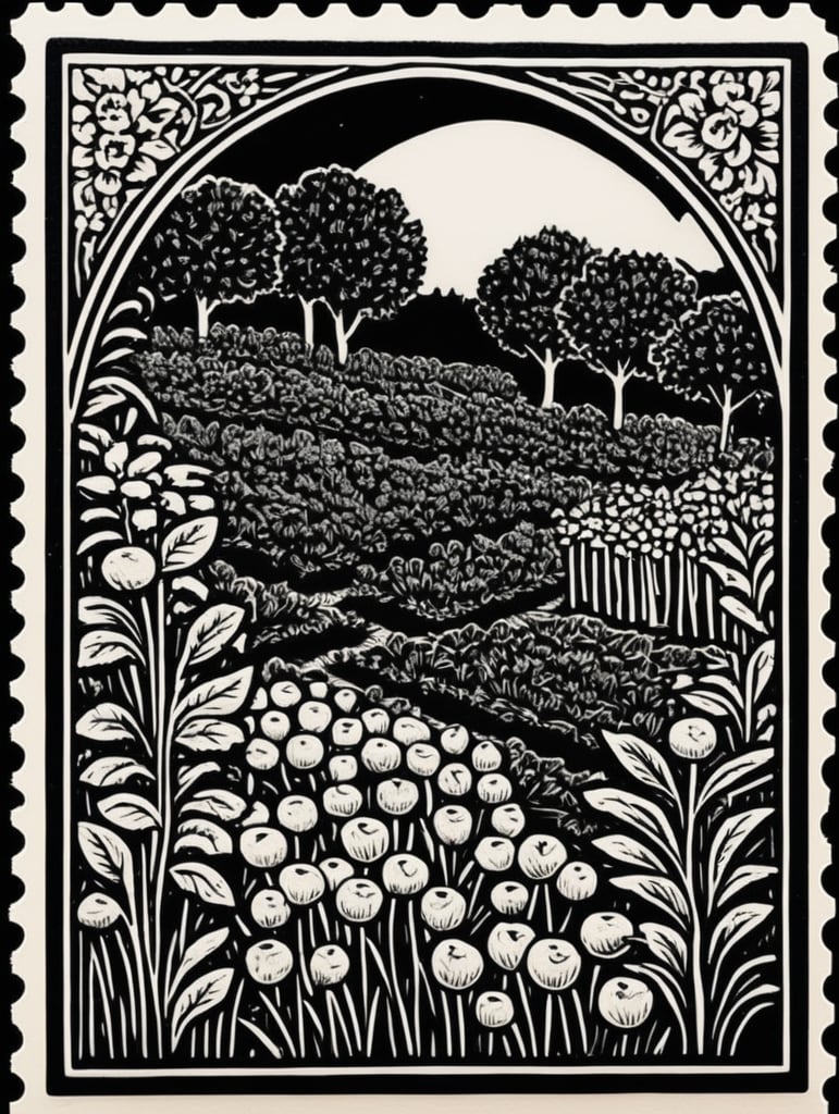 Black and white linocut postage stamp apple garden thick bold dark lines