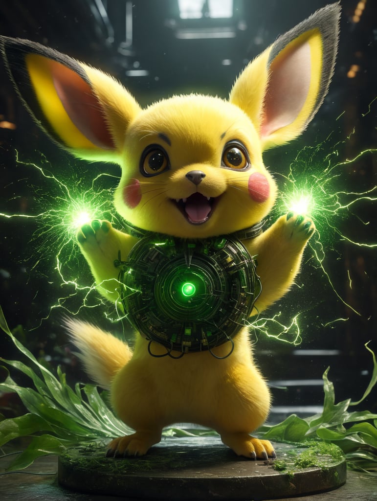 Pichu surrounded by green electrical sparks coming from its tail.