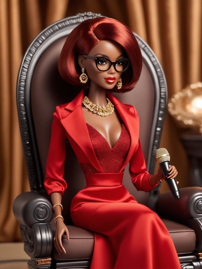 barbie doll , black skin, with red bob with big glasses sitting in fancy chair with mic with fancy brown dress with designer jewelry