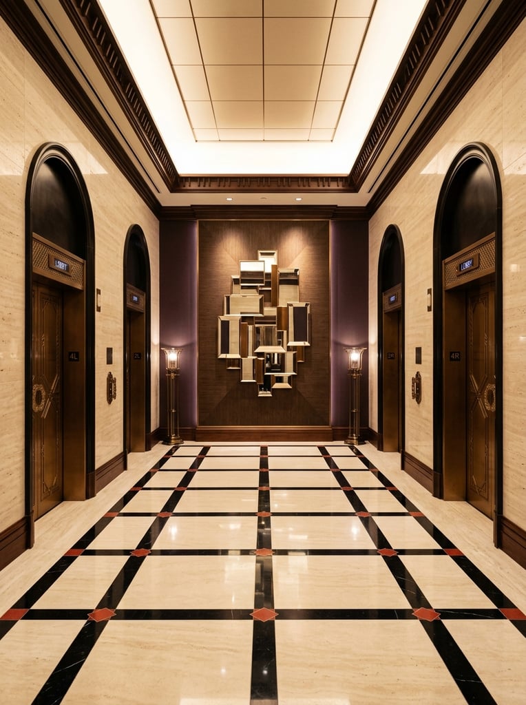 A highly symmetrical luxury elevator lobby shot in perfect one-point perspective. The focal point is a geometric sculpture of overlapping rectangular mirrors mounted on a dark brown and plum accent wall. Four textured bronze elevator doors are set into dark arched alcoves along the beige stone walls. The floor features a high-contrast grid of large cream stone squares bordered by thick black marble bands with red accent tiles at the intersections. A massive rectangular recessed ceiling light casts a warm glow over the polished architectural surfaces.