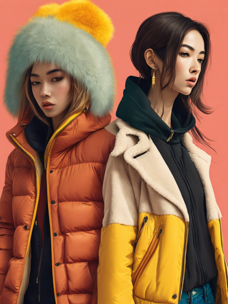 women wearing a very fluffy jackets, yellow fluffy jackets, on a pink background, bright colors