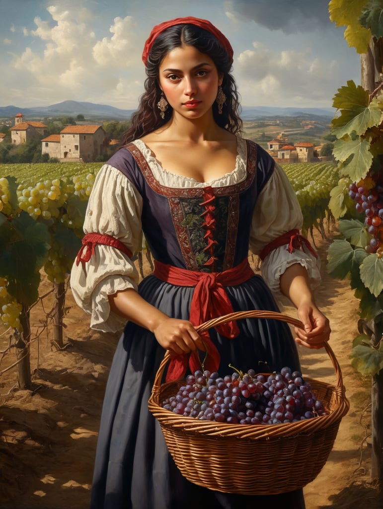Oil painting on canvas. Portrait of a young, dark and beautiful Italian girl growing red grapes from Sicily in 17th century Italian folk peasant clothing with low cut and full breasts, dramatic lighting, depth of field, Vineyards with clearly and regularly defined shapes in the background. The grapes should have a beautiful, even structure. Incredibly high detail, holding a basket of grapes in your hands, a wicker basket with the correct texture, grapes in a basket of the correct texture with beautiful berries.