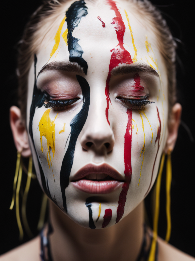 Portrait of a girl with a painted face and paint flowing from her face, closed eyes, black background