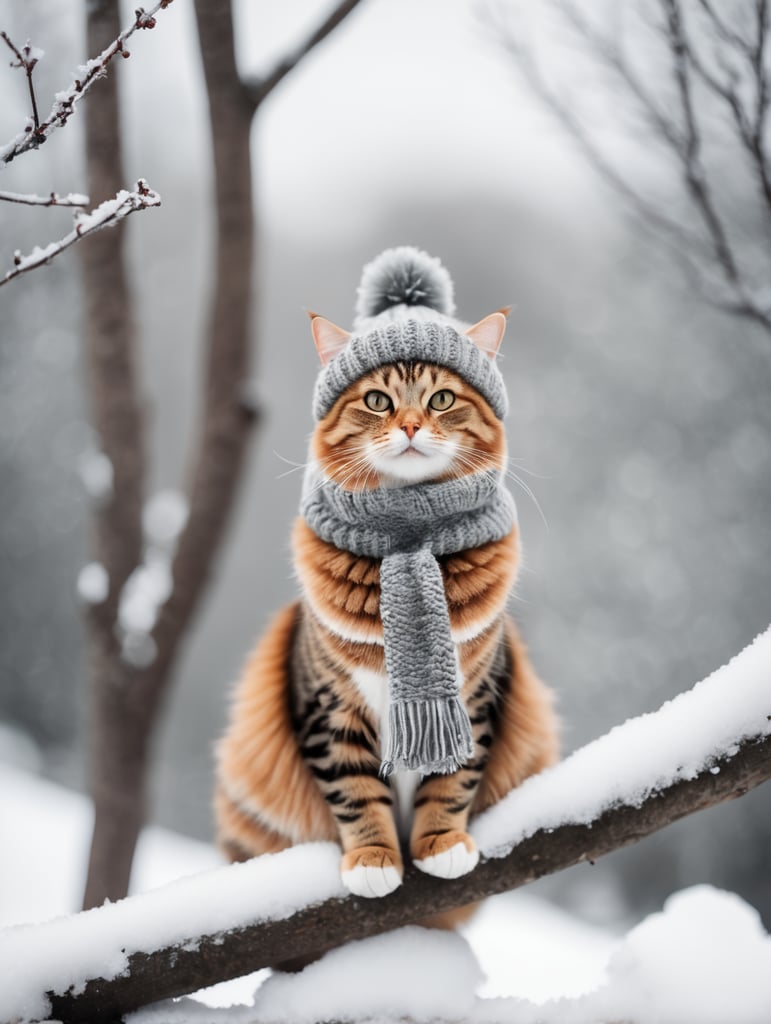A cat sitting on a snowy branch wearing a woolly hat and scarf