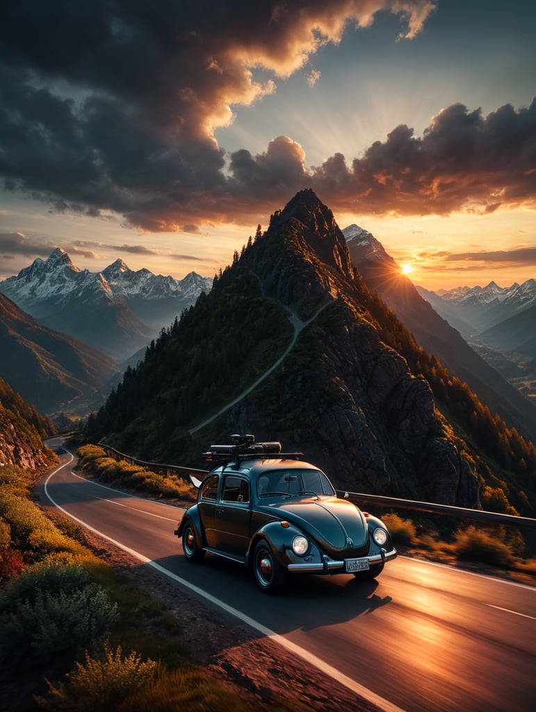 cinematic vw buzz car drone mountain road sunset lensflair