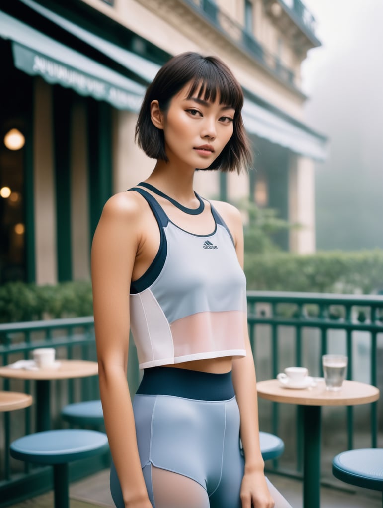 Portrait of a beautiful japanese fashion model with bob-cut hair and a sporty athleisure outfit, ethereal dreamy foggy, photoshoot by henri cartier bressons, editorial fashion magazine photoshoot, fashion poses, in front of parisian café terrace. kinfolk magazine. film grain. a soft smile