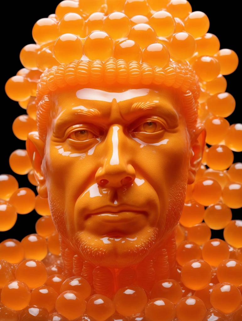 Portrait of a Translucent orange man made from the orange fruit, organs are visible through the jelly, isolated black background