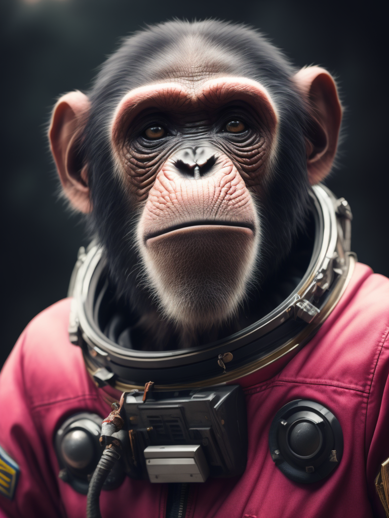 A chimpanzee going to space, wearing pink color astronaut suit, Vivid saturated colors, Contrast light, studio photo, professional photo, Detailed image, detailed face